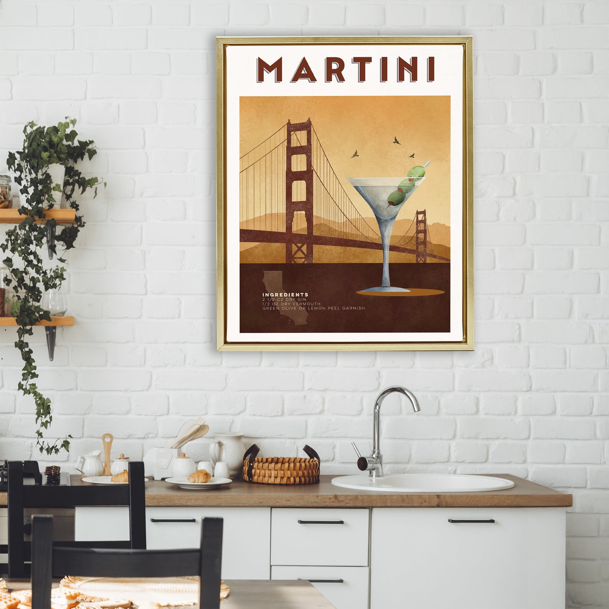 Retro Martini & Bridge View Gold Framed Floater Canvas Wall Art, design by Brett Blumenthal