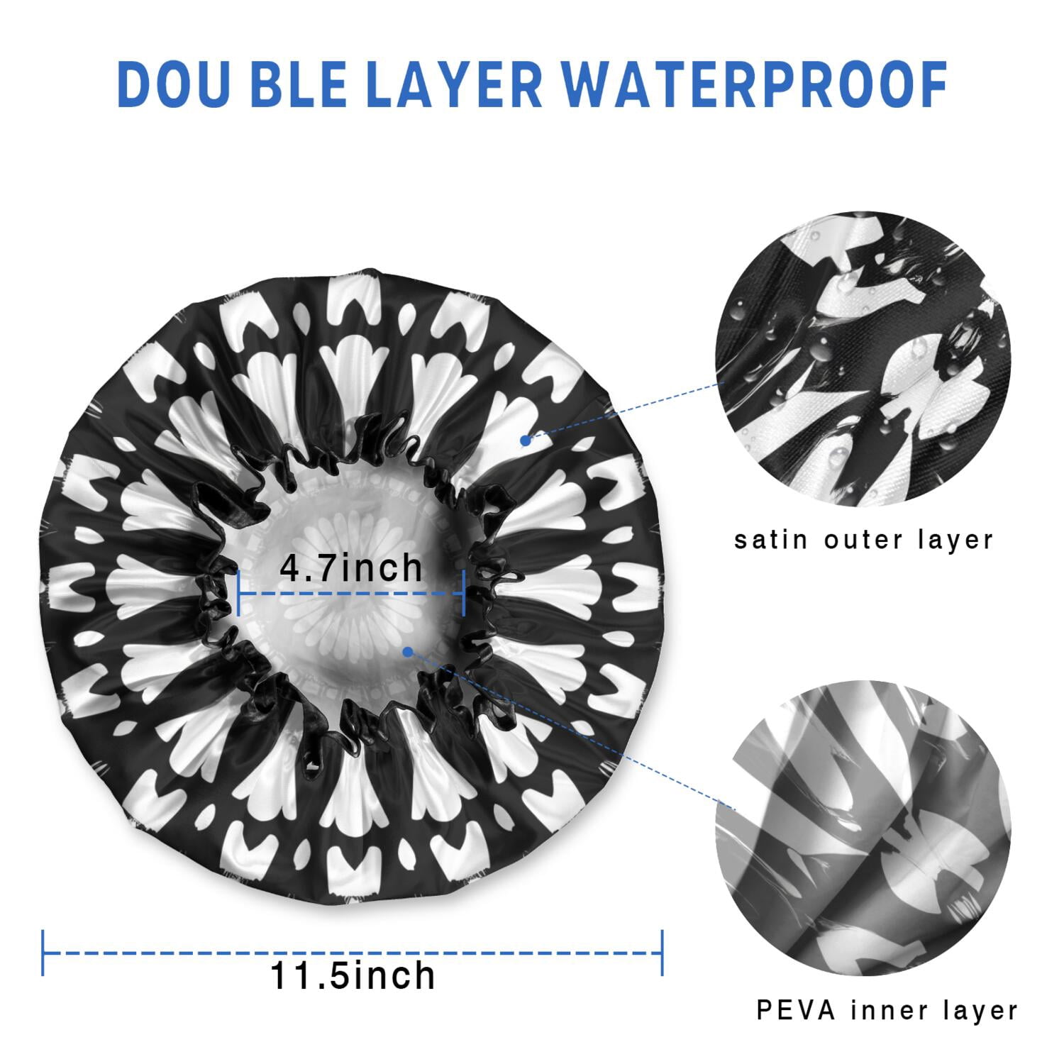 Shower Caps,Black White Tie Dye Mandala Pattern Waterproof Shower Cap for Women 4 Pieces,Double Reusable Hair Cover for Shower PEVA Elastic Stretch Hem