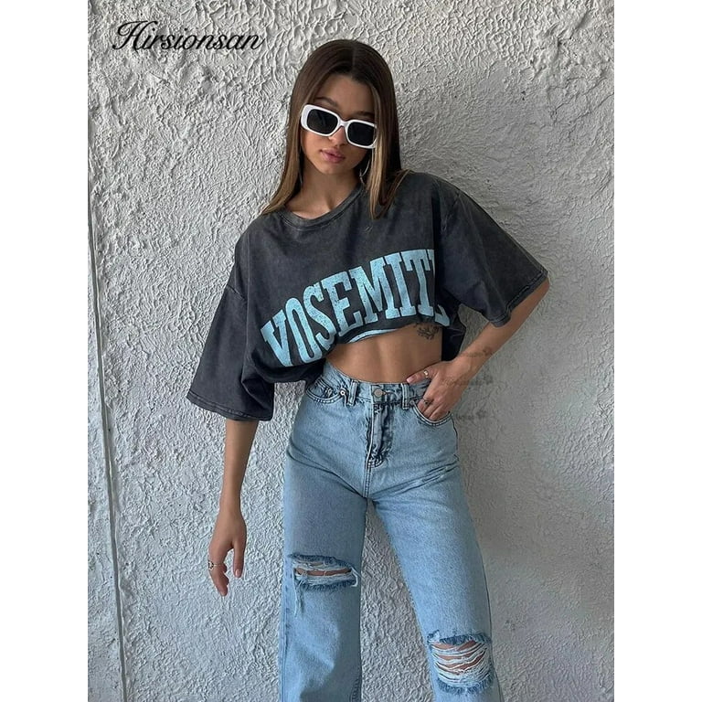 Hirsionsan Y2k Quality Oversized Acid Washed T Shirt Women