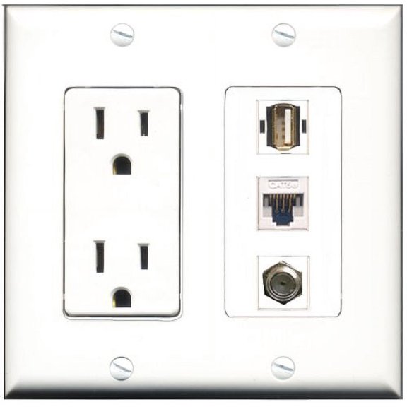 RiteAV - 15 Amp Power Outlet 1 Port Coax 1 Port USB A-A 1 Port Cat5e Ethernet White Decorative Wall Plate