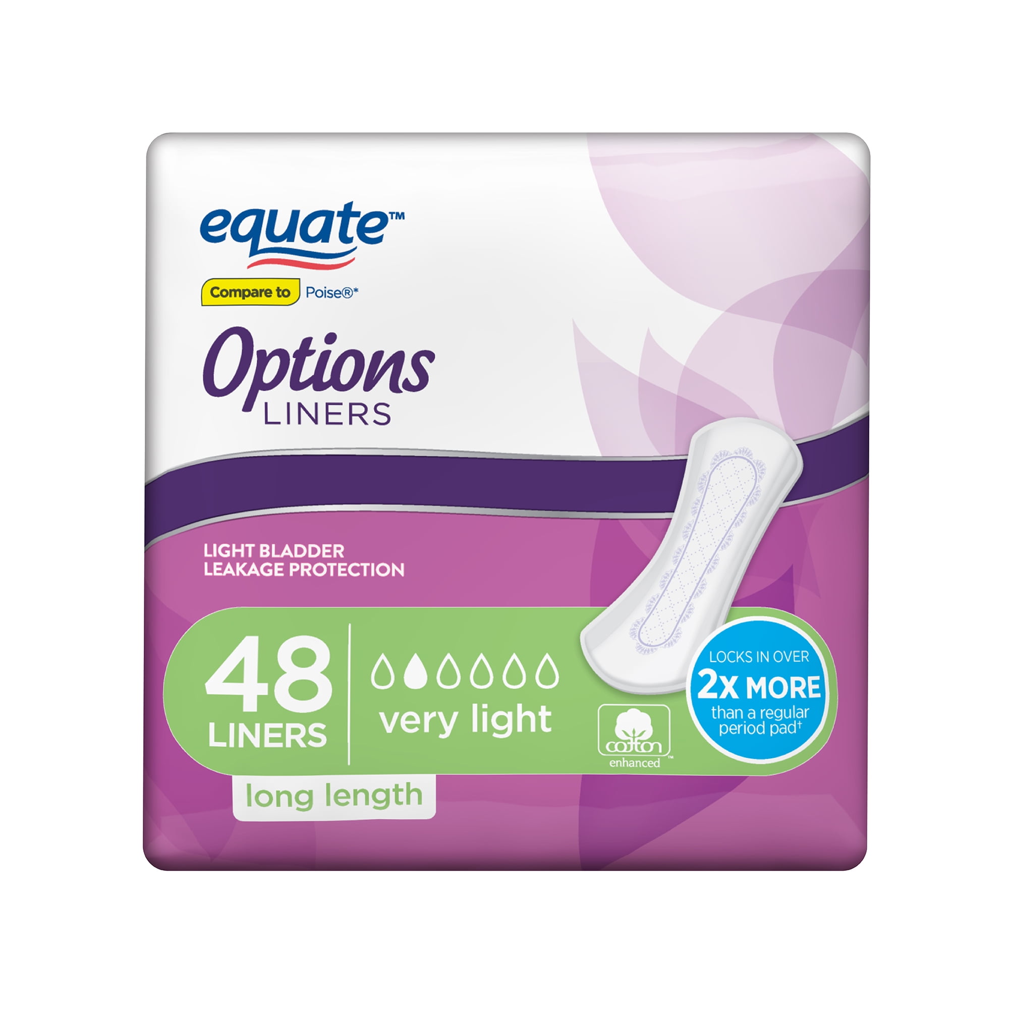 Equate Options Incontinence Liners for Women, Very Light, Long, 48 ...