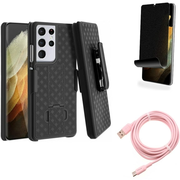Privacy Screen Protector & Case Belt Clip & 10ft Long USB-C Cable for Samsung Galaxy S21 Ultra Phone - TPU Film Fingerprint Works & Holster Swivel & Pink Charger Cord Accessory Bundle