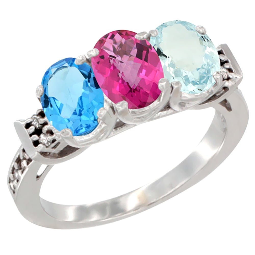 14K White Gold Natural Swiss Blue Topaz, Pink Topaz & Aquamarine Ring 3-Stone 7x5 mm Oval Diamond Accent, sizes 5 10 by WorldJewels