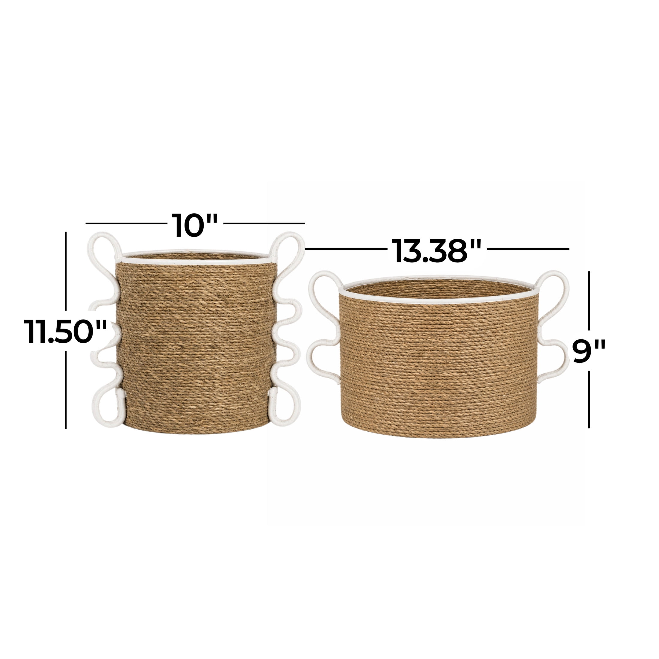 DecMode 10", 13"W Brown Seagrass Handmade Woven Storage Basket with Cream Arched Handles, 2-Pieces