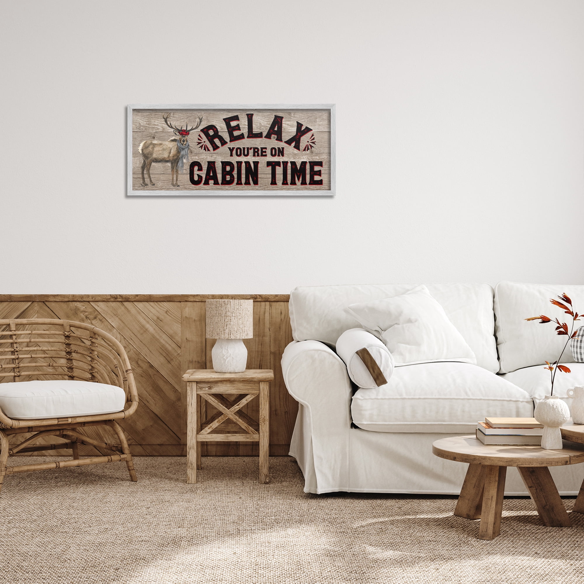 Stupell Industries Cabin Time Phrase with Deer Animals & Insects Painting Gray Framed Art Print Wall Art, 30 x 13