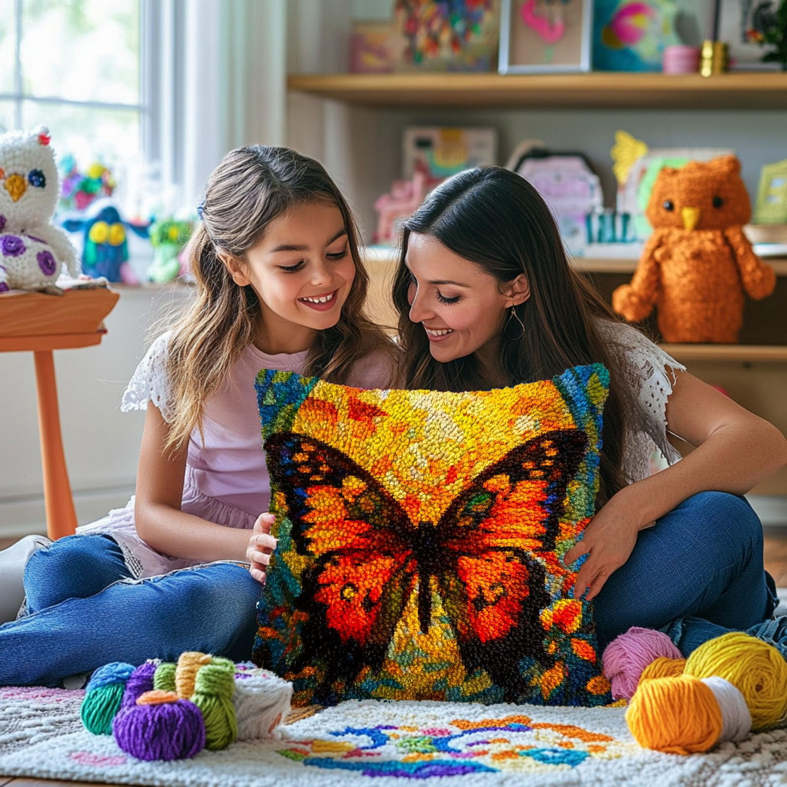 Orange Butterfly and Sunset DIY Latch Hook Pillow Kits for Adults Printed Pillowcase Crochet Yarns Hooking Handmade Pillow Cover Cushion for Home Sofa Decoration 17x17inch