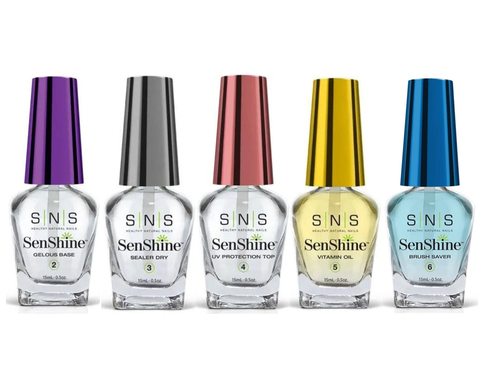 SNS SenShine Bases & Sealers - Gelous Base,Sealer Dry UV Protection Top ,Vitamin Oil ,Brush Saver( 5 Bottle Set - 0.5 oz each )