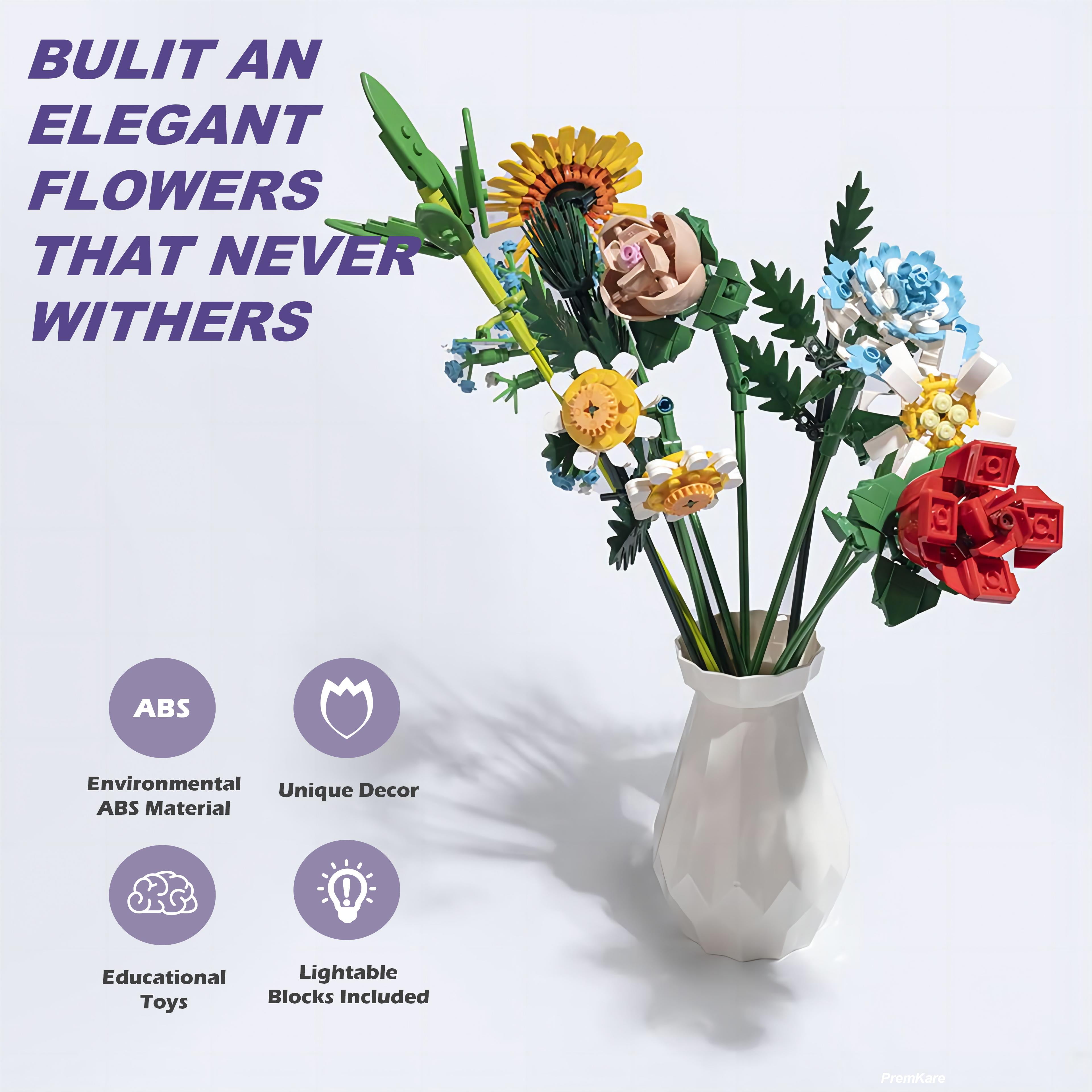 Flower Bouquet Building Kit, Flower Building Toy, Artificial Flower Toy Building Set for Adults, Lego Compatible, 600 PCS Botanical Collection for Ages 8-12 yrs Old Girl for Gift
