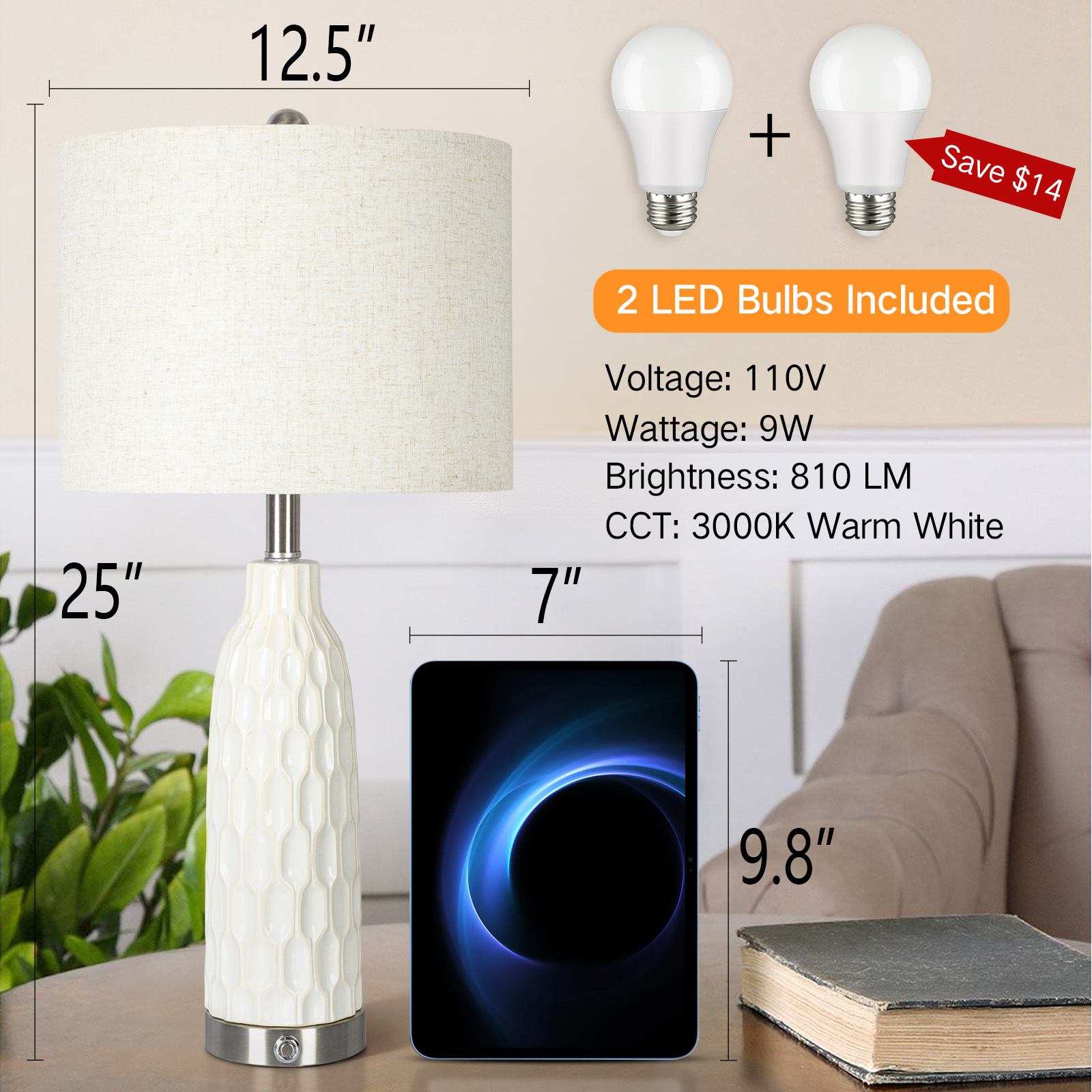 OUTON 26" Modern Table Lamp Set of 2 for Living Room, 3-Way Dimmable Ceramic Bedside Lamp with USB C+A Ports for Nightstand End Table - image 4 of 9