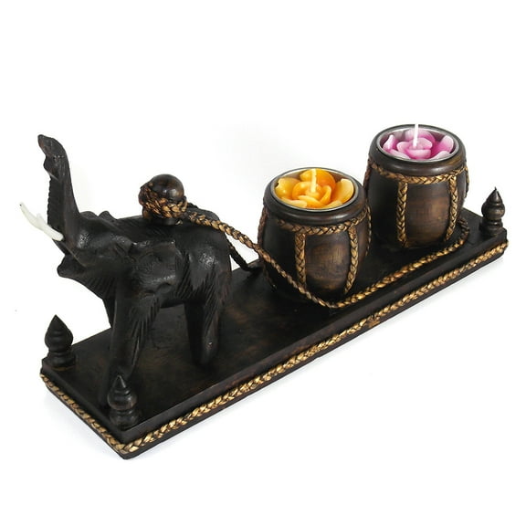 Thai Elephant Cart Carved Rain Tree Wooden Candle Holder