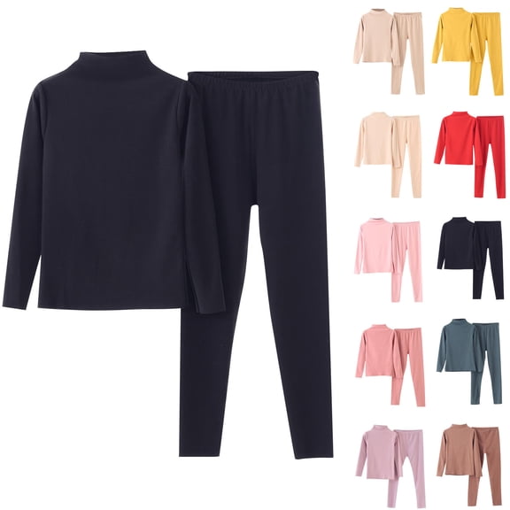 RongHuan Womens Fleece Thermal Pajama Set Mock Neck Long Johns Thermals Top and Bottom Set Solid Color Pajamas