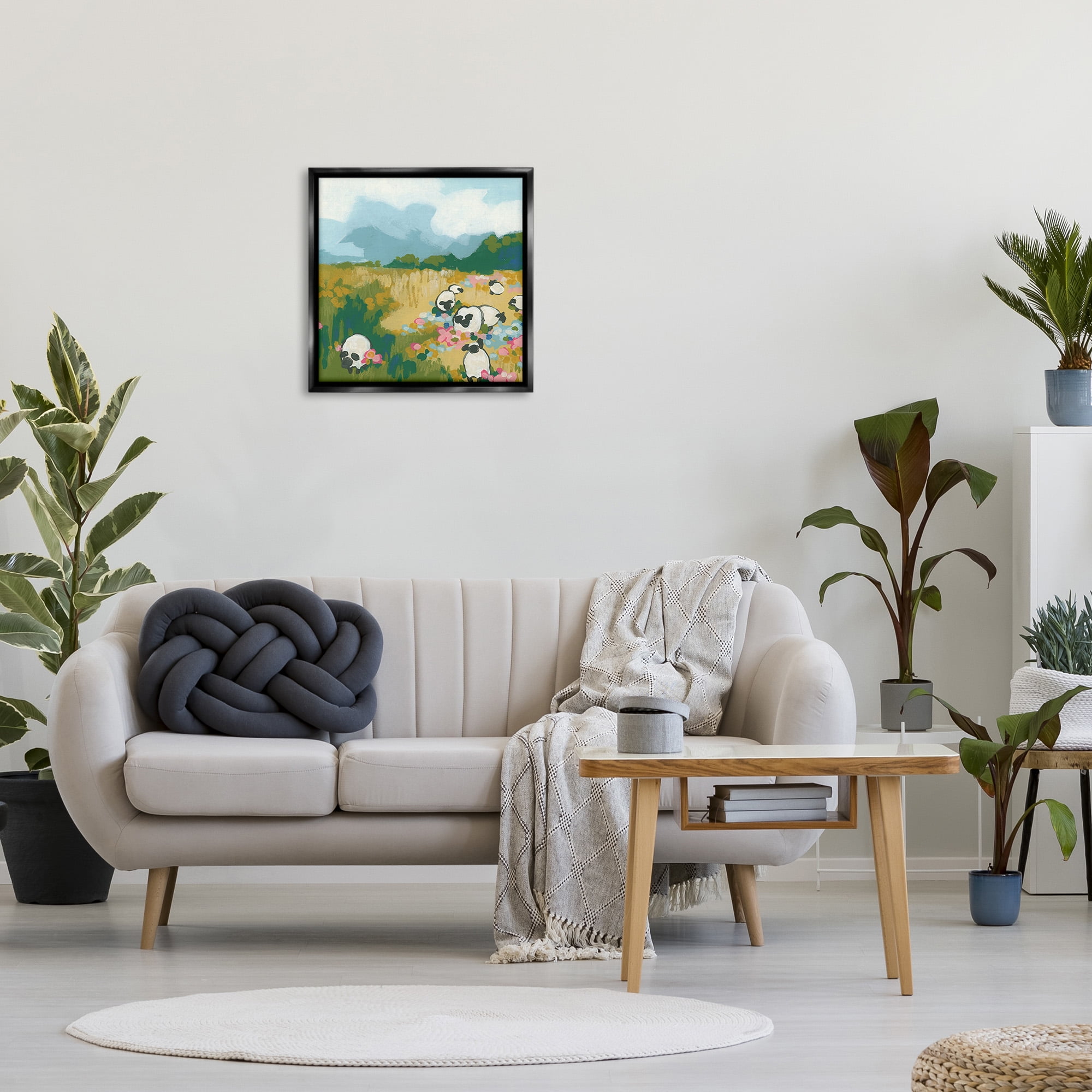 Stupell Industries Abstract Sheep & Flowers Landscape Painting Black Floater Framed Canvas Art Print Wall Art, 25 x 25
