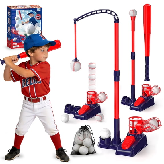 Sunforu 3-in-1 Baseball Set for Kids, T-Ball Set with Adjustable Height Hanging Tee & Automatic Ball Launcher, Outdoor Indoor Sports Toy Gift for Boys Girls Age 4-12