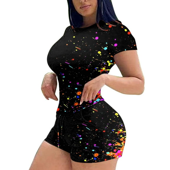 Odeerbi Shirts Sets for Women 2PC 2025 Casual Sports Suit Round Neck Print Short Sleeve Shorts Set Yellow