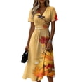 thumbnail image 2 of Minjewel Ladies Floral Casual Fashionable Short Sleeve V-Neck Dress for Spring Summer Women's Daily Casual Wear,Saffron,S, 2 of 6