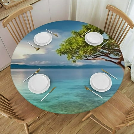 

Beach Pattern Round Fitted Tablecloth Elastic Edge Waterproof Wipeable Round Table Cover for Indoor