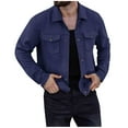 thumbnail image 3 of qolati Mens Shirt Jacket Casual Button Up Shirts Cropped Jackets Vintage Fitted Long Sleeve Lightweight Shacket Western Coat with Flap Pockets Navy L, 3 of 5