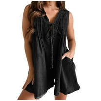 Women Denim Romper Polyester Cotton Sleeveless Tie Front Casual Outfit
