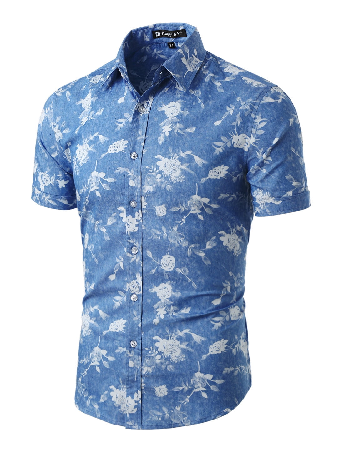 Men Short Sleeve Button Down Floral Print Cotton Shirt Blue White S (US ...
