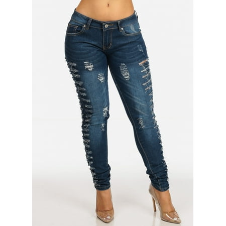 Womens Juniors Dark Blue Low Rise Ripped Distressed Stretchy Skinny Jeans