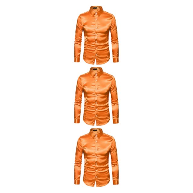 Sonducket Camisa transpirable para hombre Satén con mangas largas - Trabajo Boda o hogar Camisa para hombre Manga larga formal Naranja grande M Type1 NO1