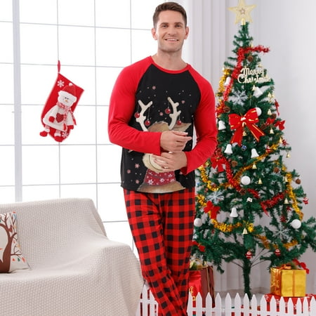 

Genuiskids Christmas Pajamas for Family Long Sleeve Tree Print Tops + Plaid Pants Set Sleepwear
