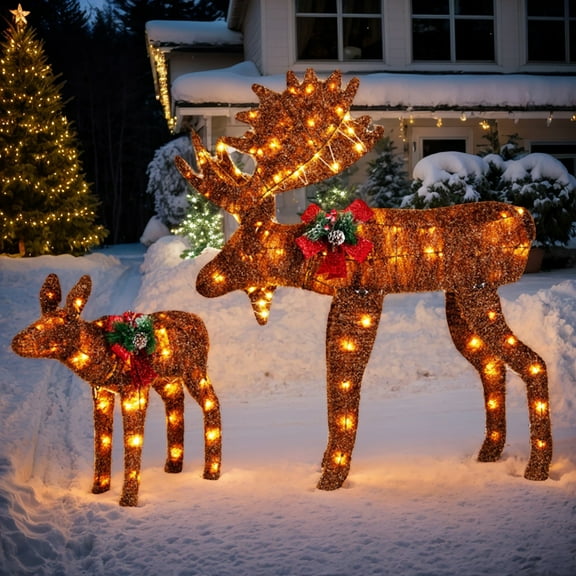 GVN 2-Piece Set Lit Moose Christmas Decoration with Led Lights