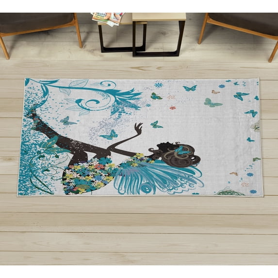 Fantasy Decorative Rug, Spring Girl Wings in a Floral Dress Surreal Garden Butterflies Print, Quality Carpet for Bedroom Dorm and Living Room, 6 Sizes, Pastel Yellow, by Ambesonne