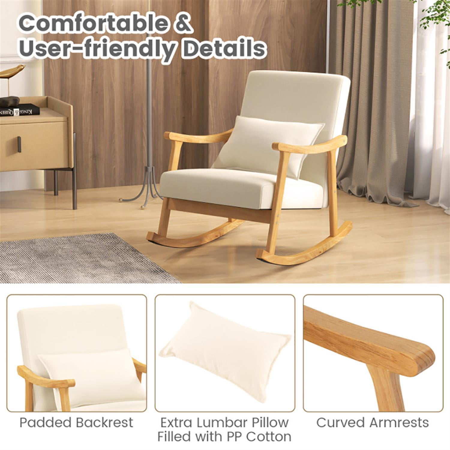 Demi Bonn Upholstered Rocking Chair, Accent Chair with Pillow and Rubber Wood Frame, Suitable for Home, Living Room and Bedroom, Beige