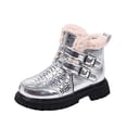 thumbnail image 2 of Girls Ankle Boots Fleece Lined Buckle Straps PU Booties Kids Winter Warm Comfy Round Toe Soft Sole Boots Silver 7 Toddler, 2 of 7