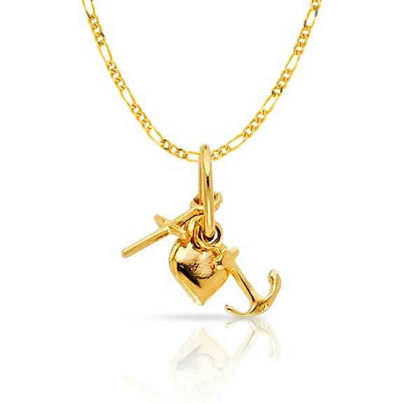 14K Yellow Gold Faith, Hope, and Charity Lucky Charm Pendant with 2mm Figaro 3 1 Chain Necklace - 16"
