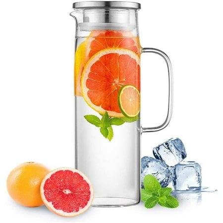 

Hwagui - Heat Resistant Glass Pitcher with Stainless Steel Lid Water Carafe with Handle Good Beverage Pitcher for Homemade Juice and Iced Tea 1200ml/41oz