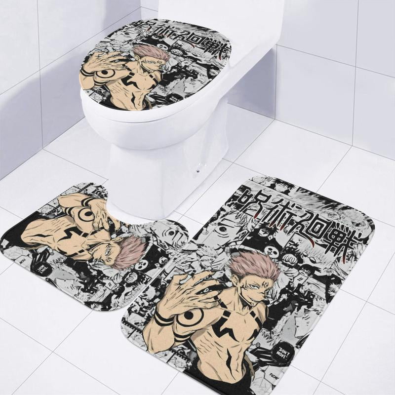 Lheaggik Anime Jujutsu Kaisen 4 Pcs Bathroom Sets with Shower Curtain and Rugs, Waterproof Polyester Shower Curtain Sets with Hooks