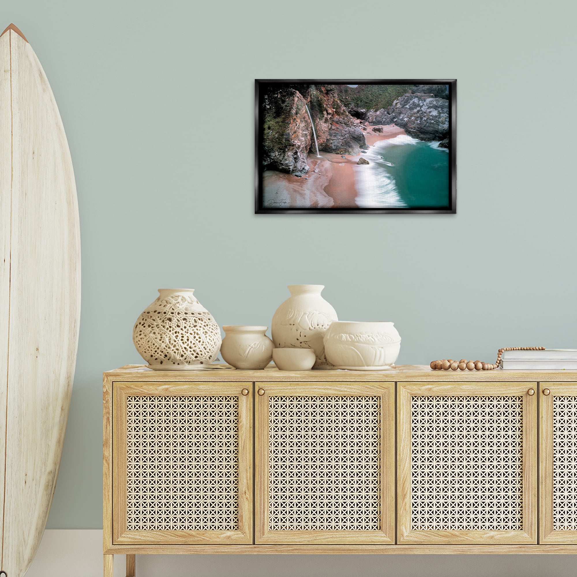 Stupell Industries Tropical Waterfall Cliffs Coastal Painting Black Floater Framed Canvas Art Print Wall Art, 25 x 17
