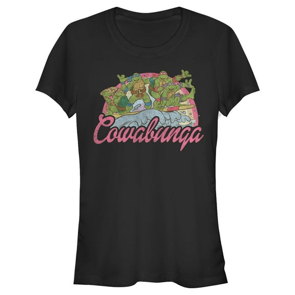 Junior's Teenage Mutant Ninja Turtles Distressed Pink Cowabunga Graphic Tee Black Small