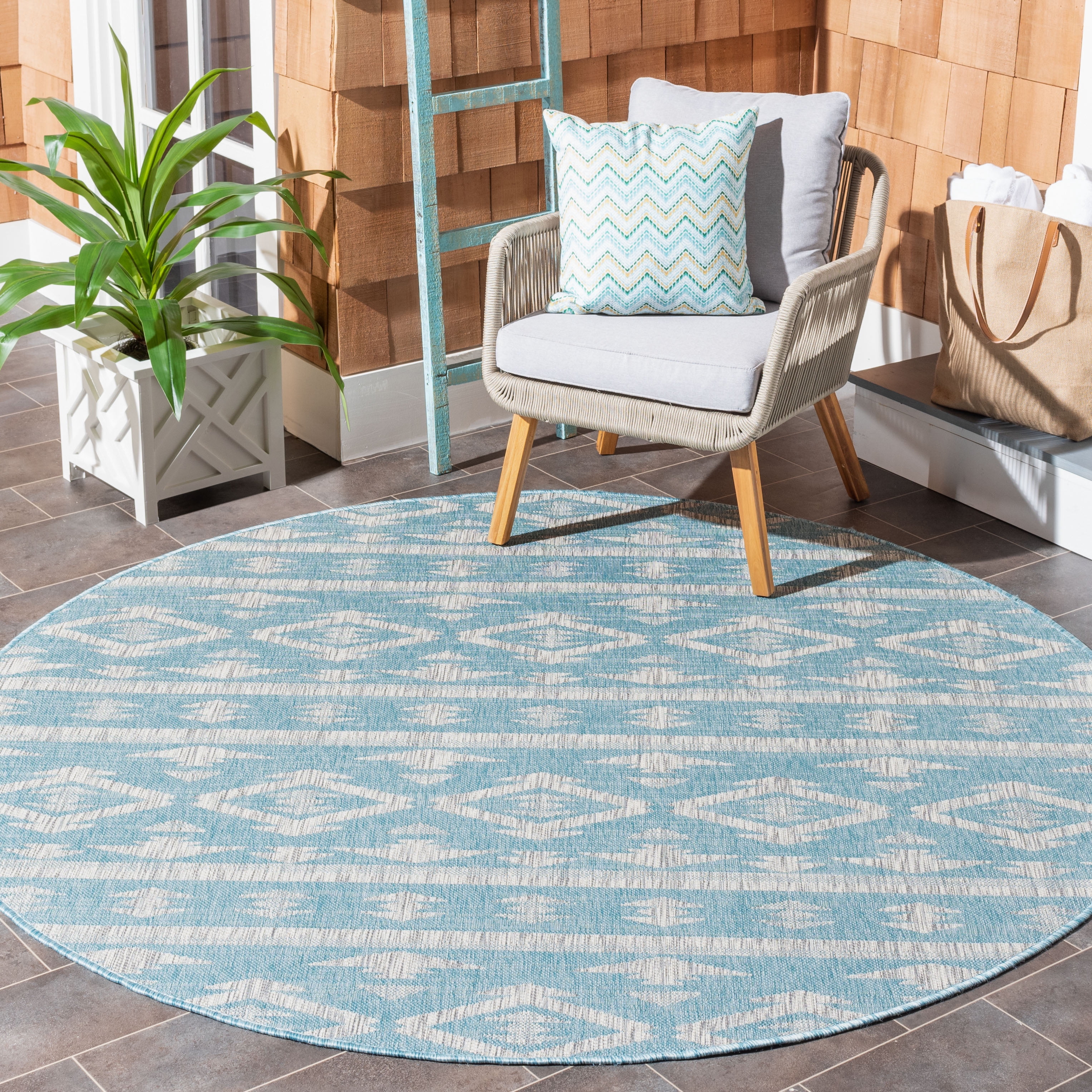 SAFAVIEH Courtyard April Southwestern Indoor/Outdoor Area Rug, 6'7" x 6'7" Round, Aqua/Grey