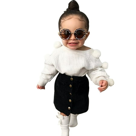 

Toddler Baby Girl Long Sleeve Knit Clothes Fall Winter Knit Pompom Sweater Top Button A-Line Skirt Outfits Set