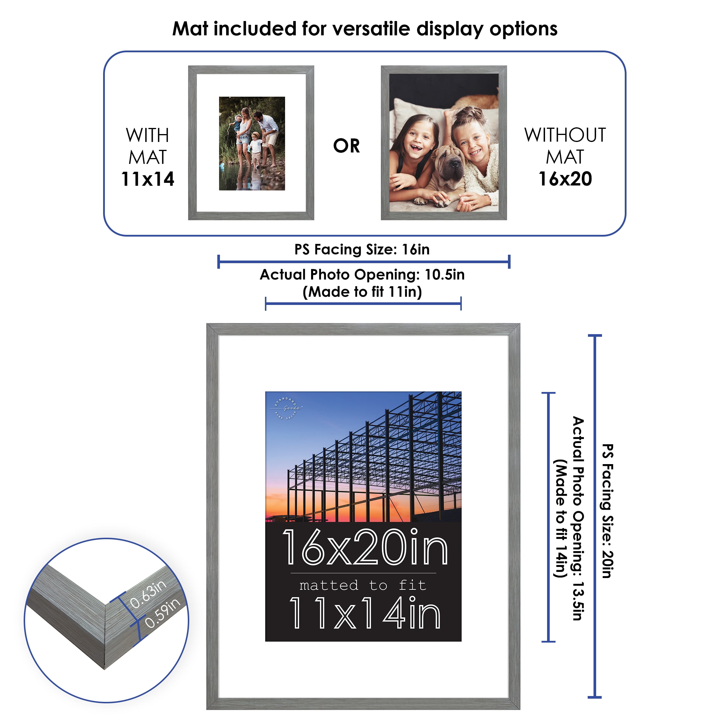 Standard Goods Home Décor 16x20 Matted to 11x14 Grey Linear Picture Frame, 5-Pack for Wall Display.