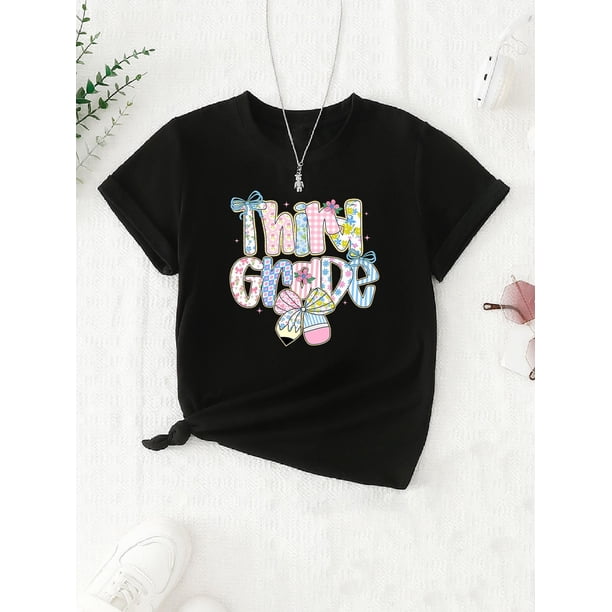 Girls' 3rd Grade Coquette Graphic T-Shirt - Vibrant Floral & Butterfly Design, orange Casual Knit Top with Round Neck, Summer Wear, Perfect for outdoor activities, Playful Kids Comfortable Clothi