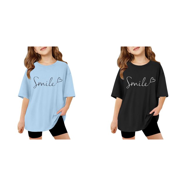 (2-Pack) Rinsvye Kids Short Sleeve Letter Design T Shirt Comfortable Tops And Girls Everyday Wear Durable Lightweight Apparel