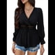 thumbnail image 2 of Blusa Cruzada con Cuello en V y Mangas Largas Abullonadas para Mujer, Camiseta Informal con Dobladillo con Volantes para y Verano. Negro S, 2 of 10