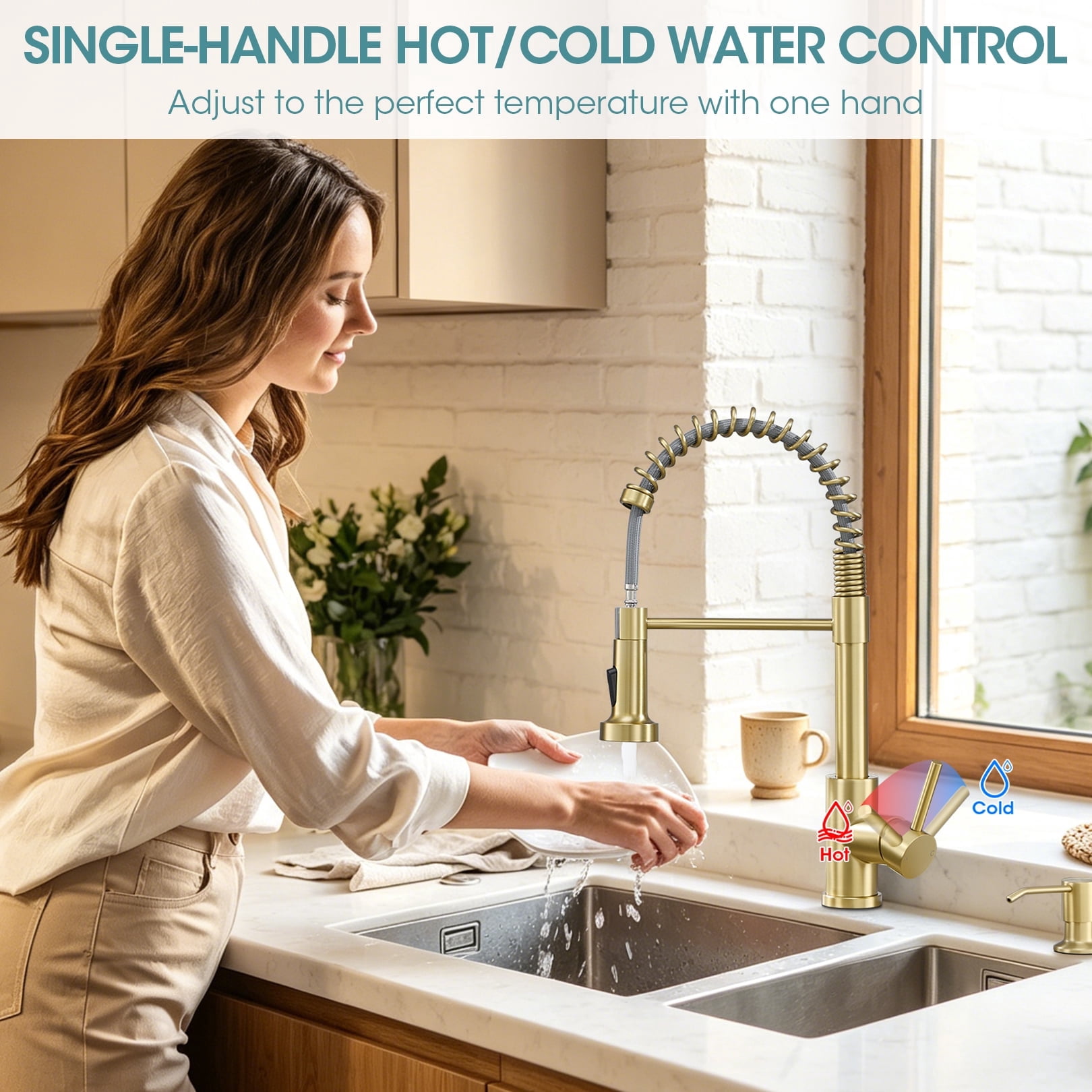 Wowkk Kitchen Sink Faucets with Pull Down Sprayer and Soap Dispenser, 304 Stainless Steel Single Handle Kitchen Faucet, 2 Water Modes with Deck Plate for Laundry Utility Camper, Brushed Gold