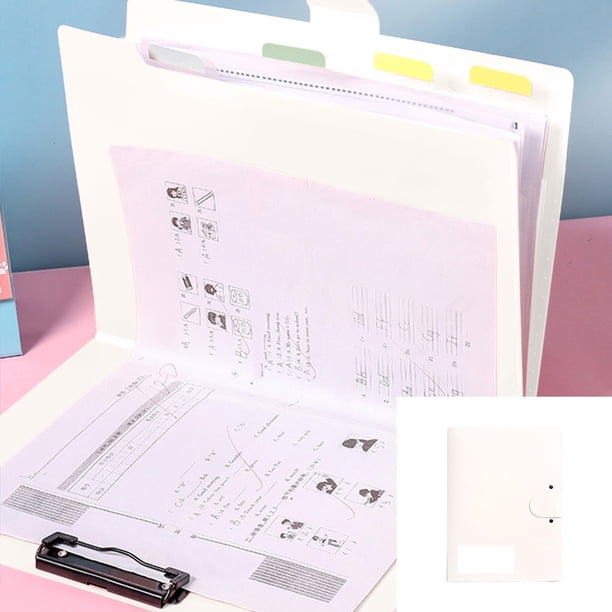 Organizador de documentos A4 de plástico colorido con cierre de hebilla, múltiples compartimentos transparentes, resistente al agua, opciones multicolor para uso en oficina y escuela.