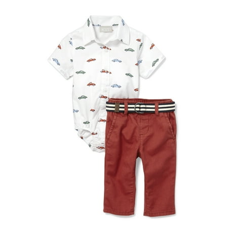 The Children's Place Baby Boy Short Sleeve All Around Car Print Oxford Bodysuit Belted Chino 3 Piece (Best Place For Baby Boy Clothes)