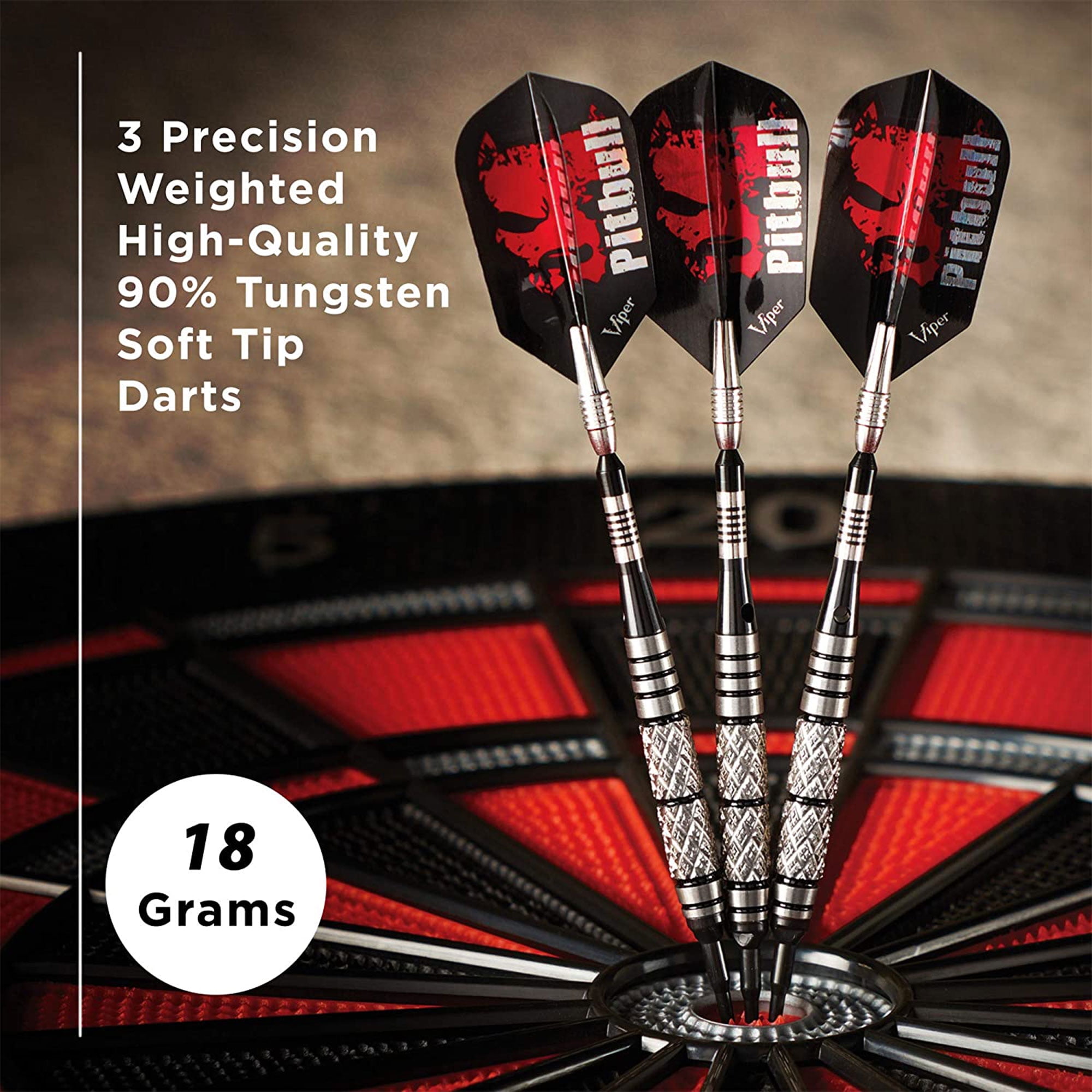 Viper Pitbull 90% Tungsten Soft Tip Dart Set, Ringed Barrel, 18 Grams