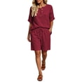 thumbnail image 2 of Gamivast 2 Piece Summer Outfits for Women Casual Linen Textured Short Sleeve Henley Shirt and Drawstring Shorts Set Loose Fit Lounge Tracksuit Vacation Streetwear Red S, 2 of 7