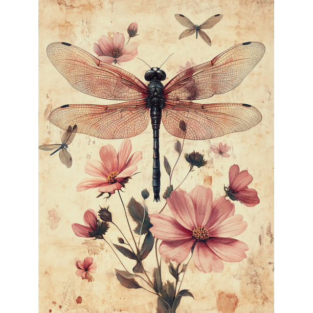 Qisvanset Framed Canvas Wall Art 12x16 Inch Dragonfly Pink Wildflower Neutral Botanical Art