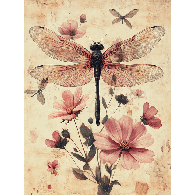 Qisvanset Framed Canvas Wall Art 12x16 Inch Dragonfly Pink Wildflower Neutral Botanical Art