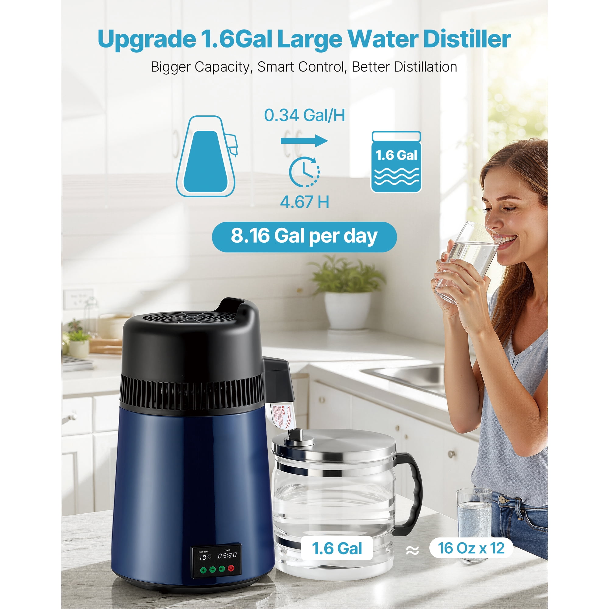 KFFKFF 6L 1.6 Gallon Water Distiller, Countertop Pure Water Purifier with 900W Power, Glass Container, Stainless Steel Design for Home Use, Blue-Black