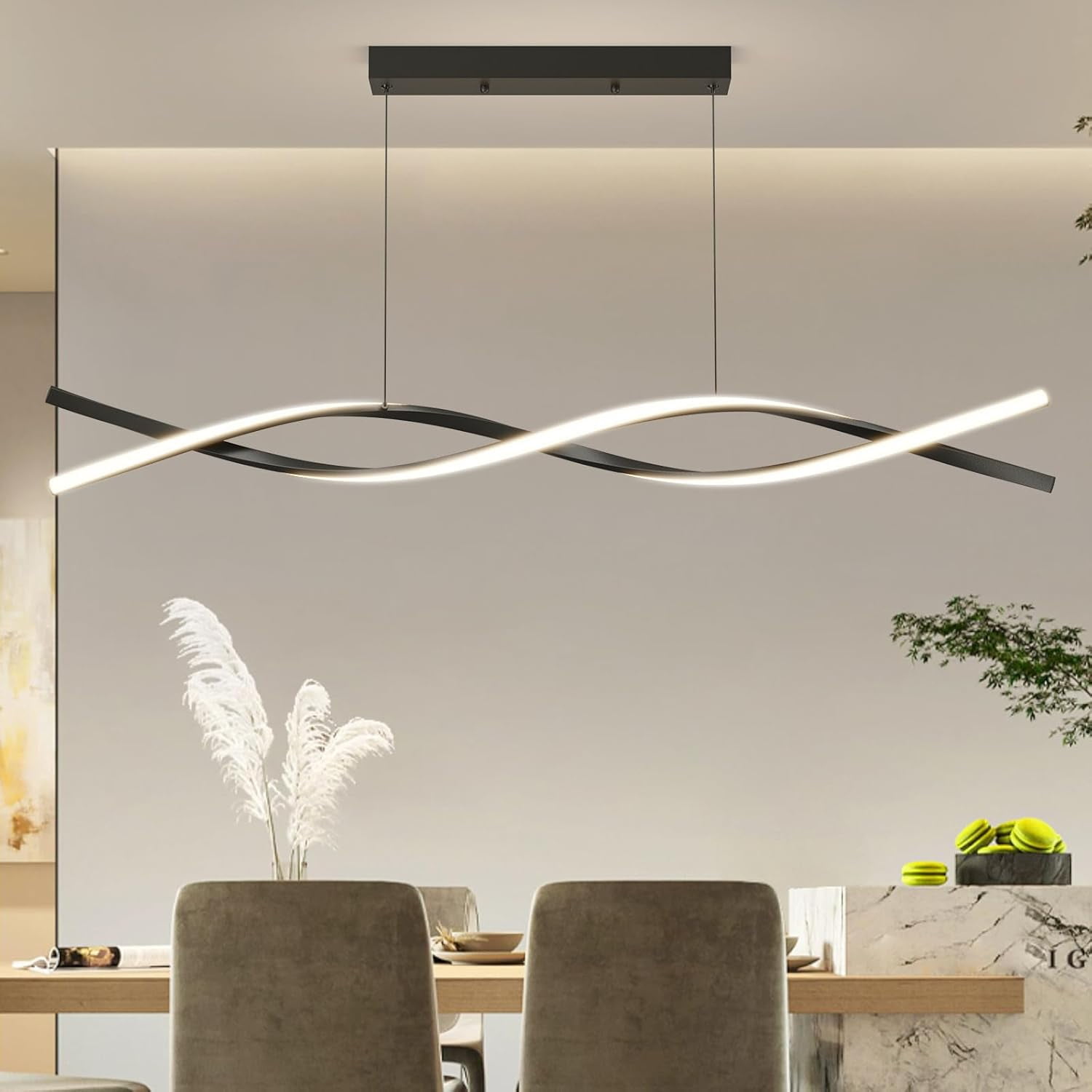 39inch Black Chandelier Modern Ceiling Wave Pendant Light Fixtures Hanging LED Color Temperature and Height Adjustable Chandeliers